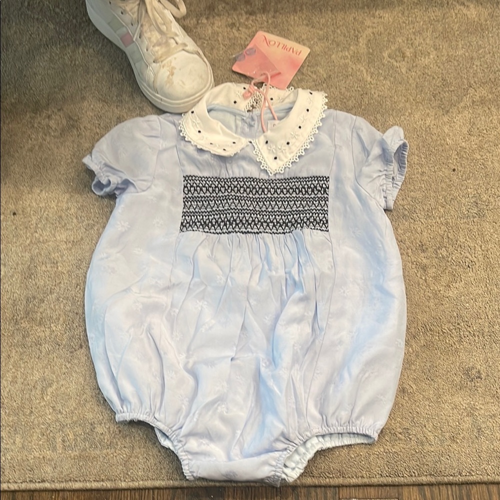 Papillon Blanc Light Blue Romper with Black Embroidery